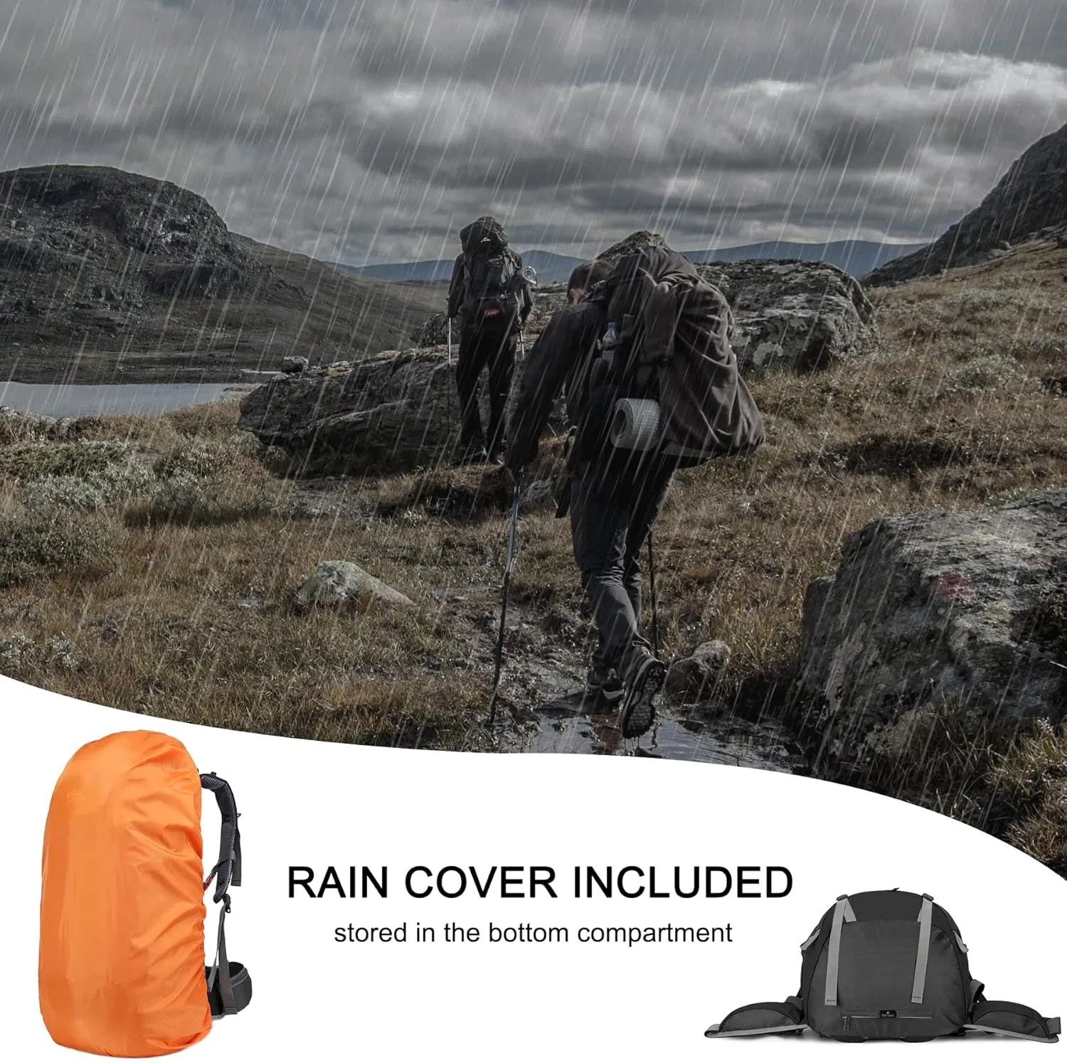 50L Hiking Backpack, Waterproof with Rain Cover