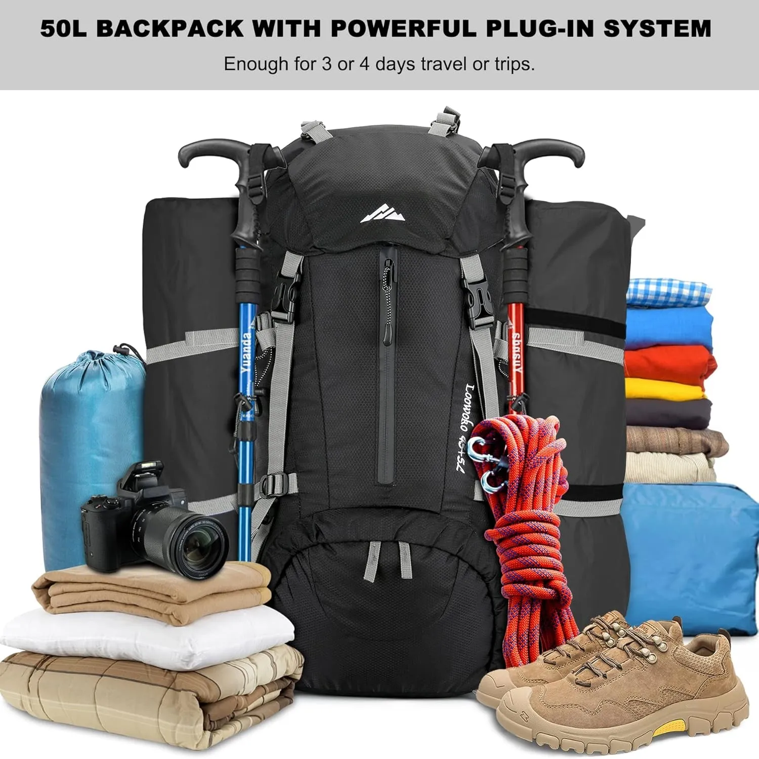 50L Hiking Backpack, Waterproof with Rain Cover