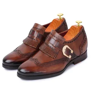 7 CM / 2.76 Inches CMR CHAMARIPA Dress Elevator Shoes For Men - Wingtip Brogue Kiltie Monk Strap - Brown