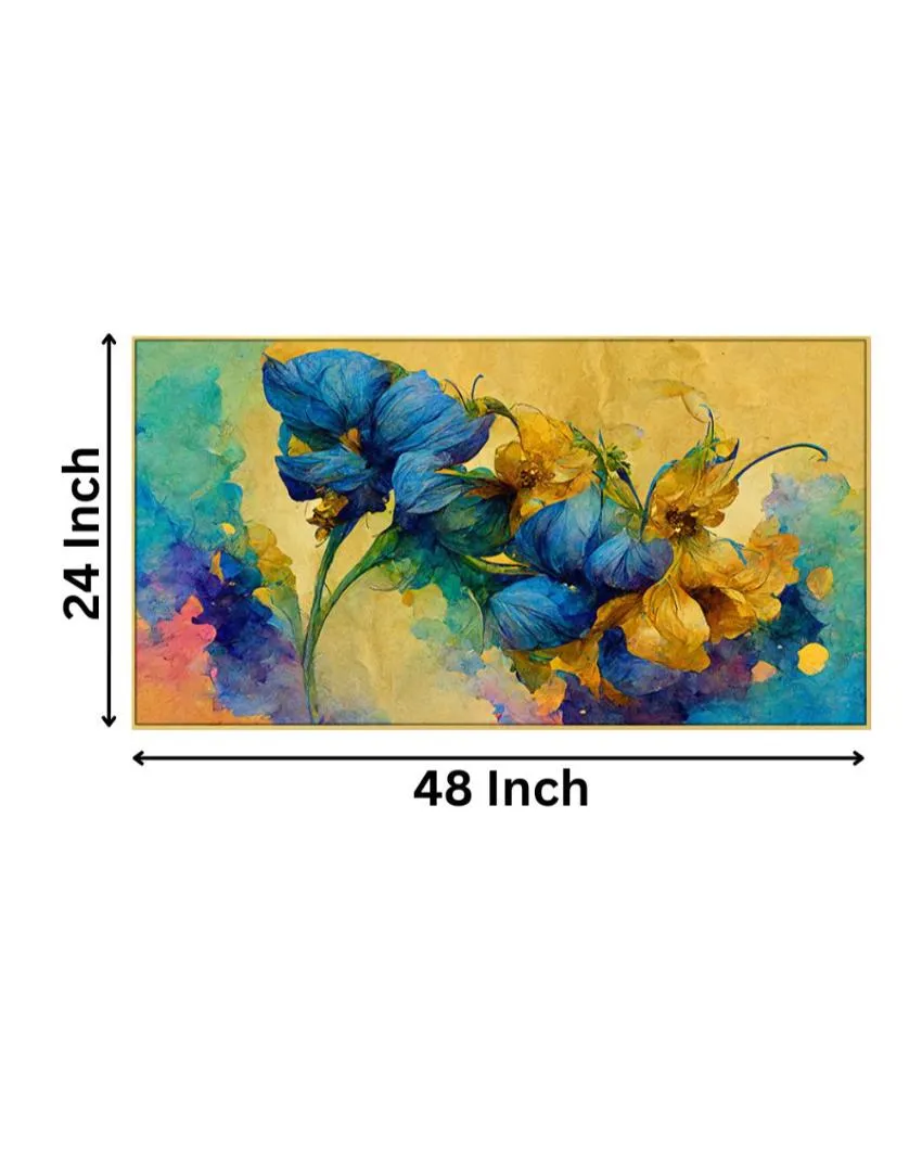 Abstract Blue and Gold Floral Floating Frame Wall Painting | 24 x 12 inches , 36 x 18 inches & 48 x 24 inches