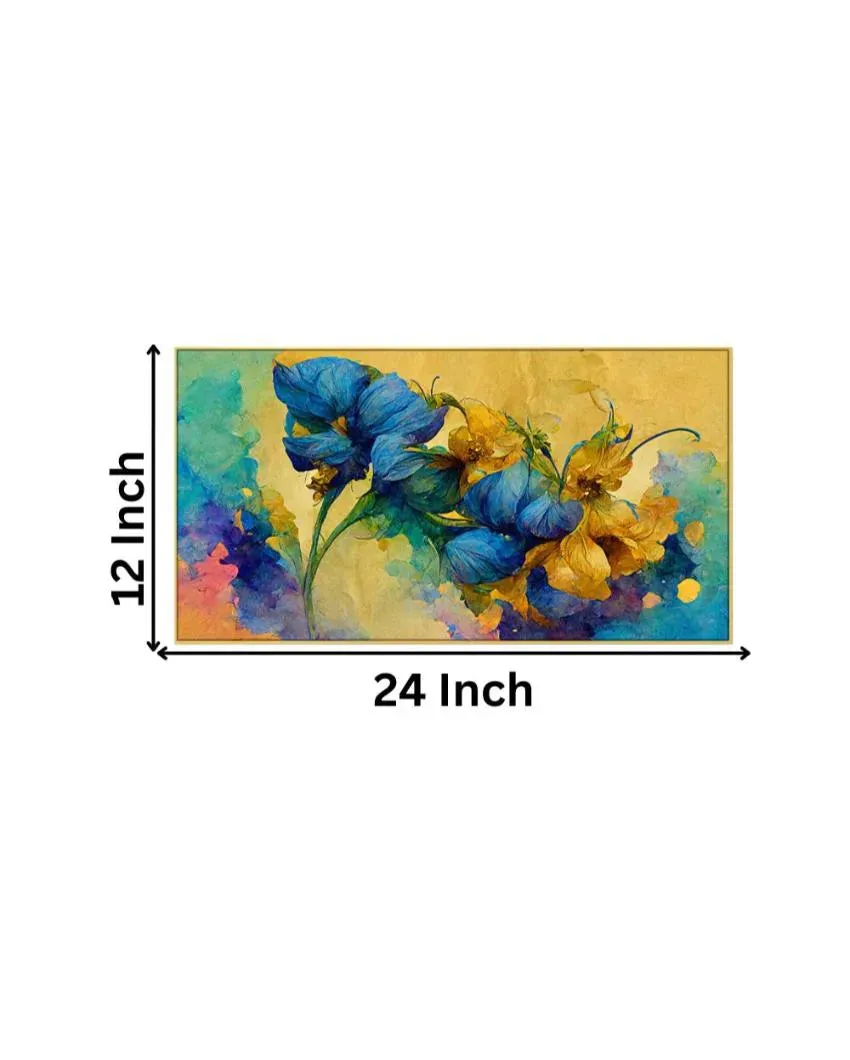 Abstract Blue and Gold Floral Floating Frame Wall Painting | 24 x 12 inches , 36 x 18 inches & 48 x 24 inches