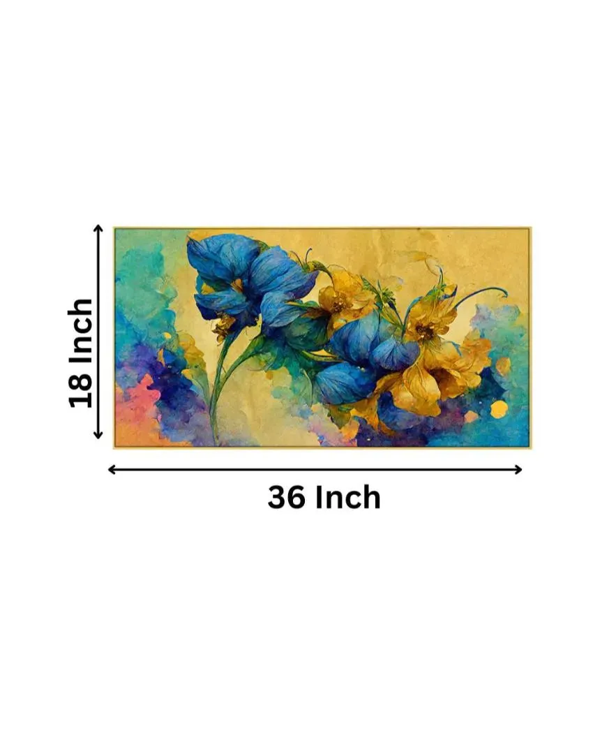 Abstract Blue and Gold Floral Floating Frame Wall Painting | 24 x 12 inches , 36 x 18 inches & 48 x 24 inches