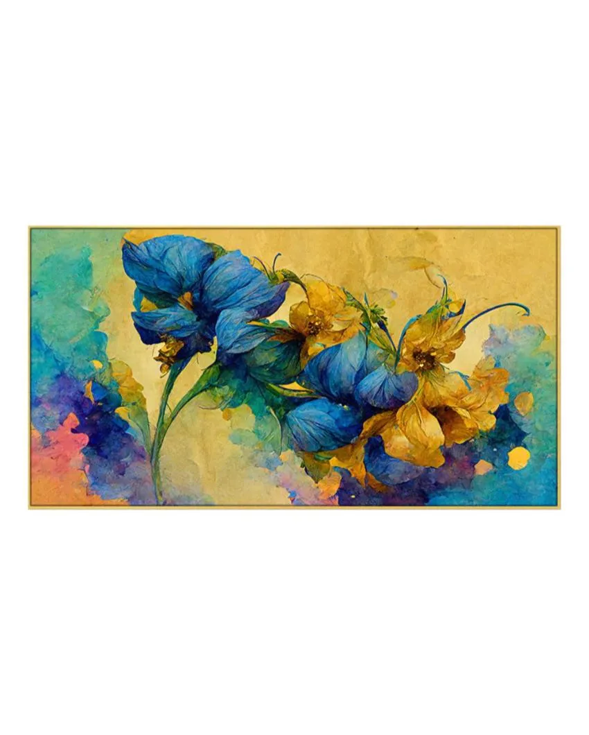 Abstract Blue and Gold Floral Floating Frame Wall Painting | 24 x 12 inches , 36 x 18 inches & 48 x 24 inches