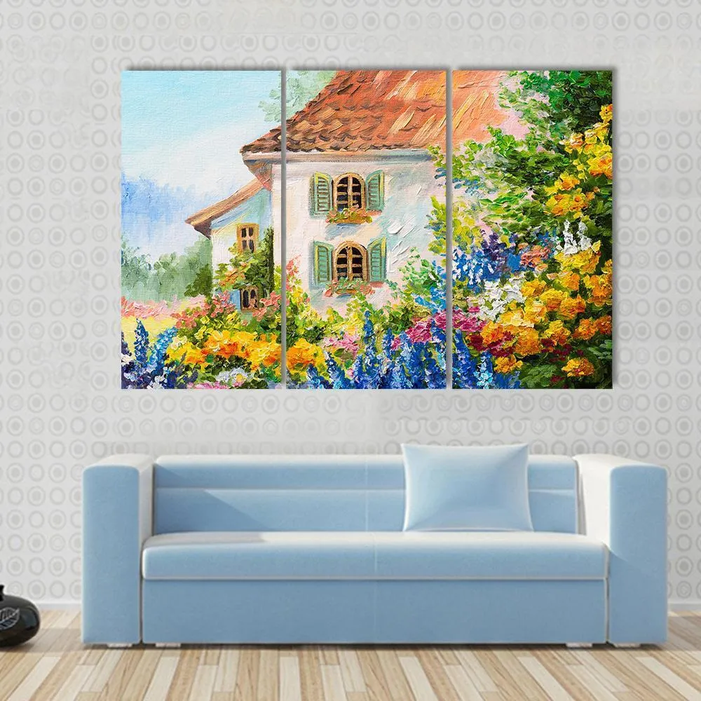 Abstract House In Flower Garden Canvas Wall Art