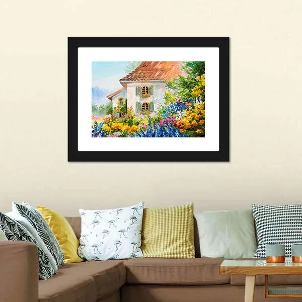 Abstract House In Flower Garden Canvas Wall Art