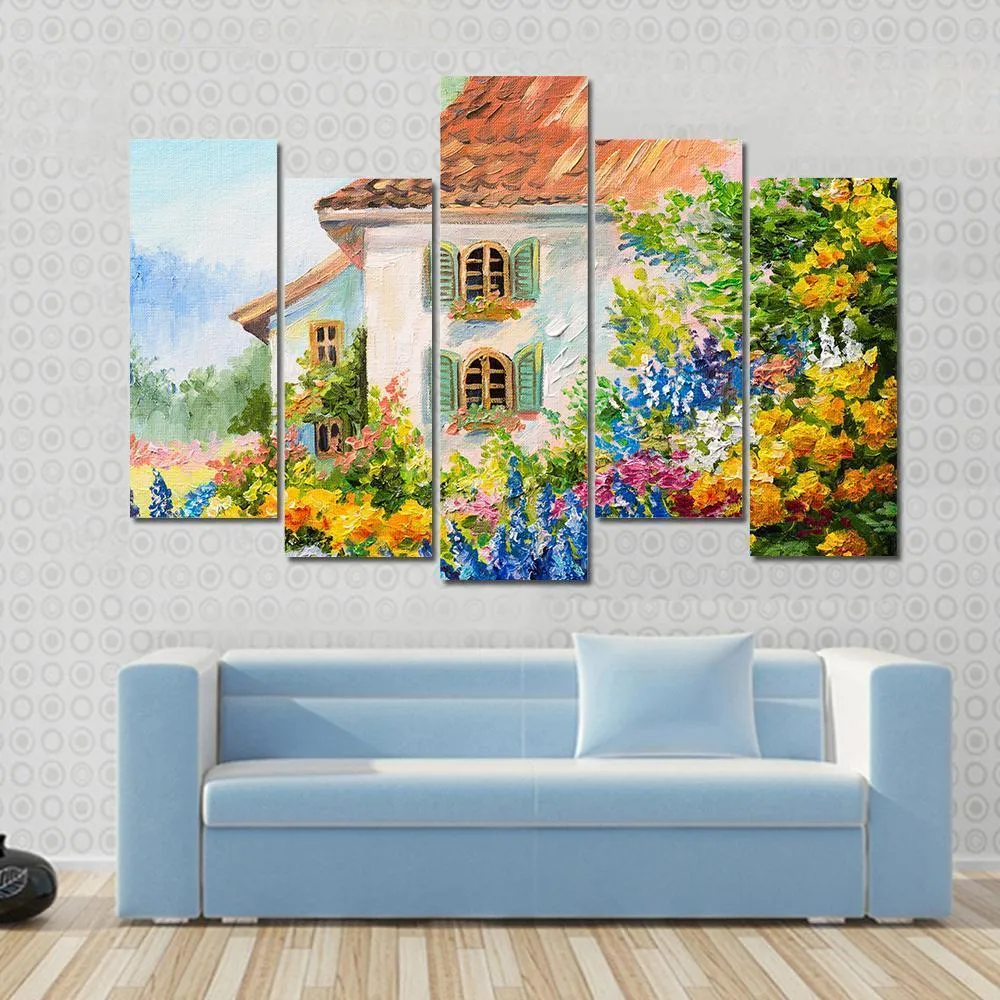 Abstract House In Flower Garden Canvas Wall Art