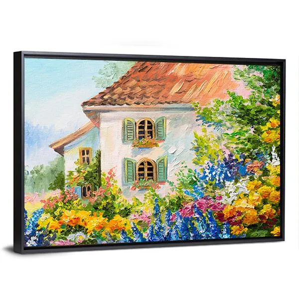 Abstract House In Flower Garden Canvas Wall Art