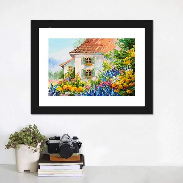 Abstract House In Flower Garden Canvas Wall Art