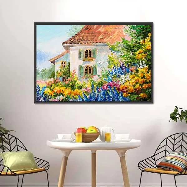 Abstract House In Flower Garden Canvas Wall Art