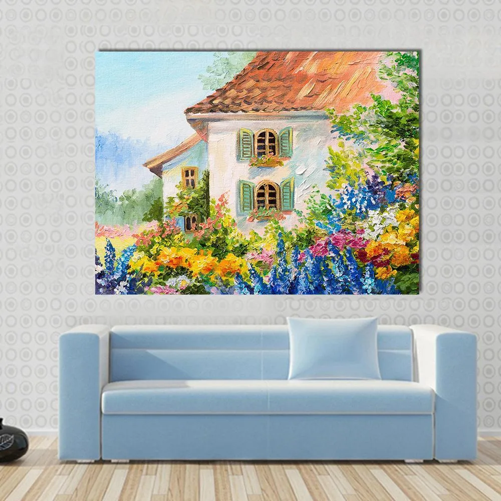 Abstract House In Flower Garden Canvas Wall Art