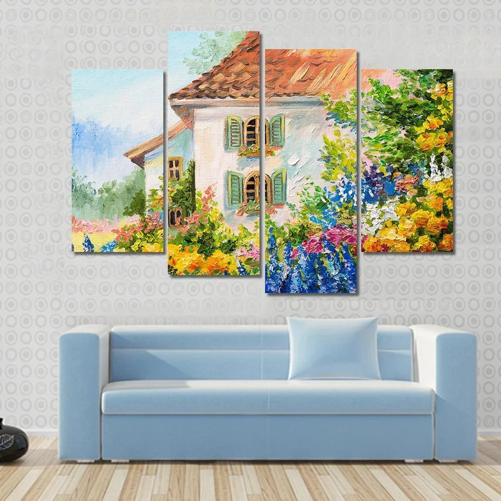 Abstract House In Flower Garden Canvas Wall Art