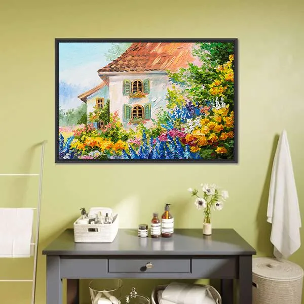 Abstract House In Flower Garden Canvas Wall Art