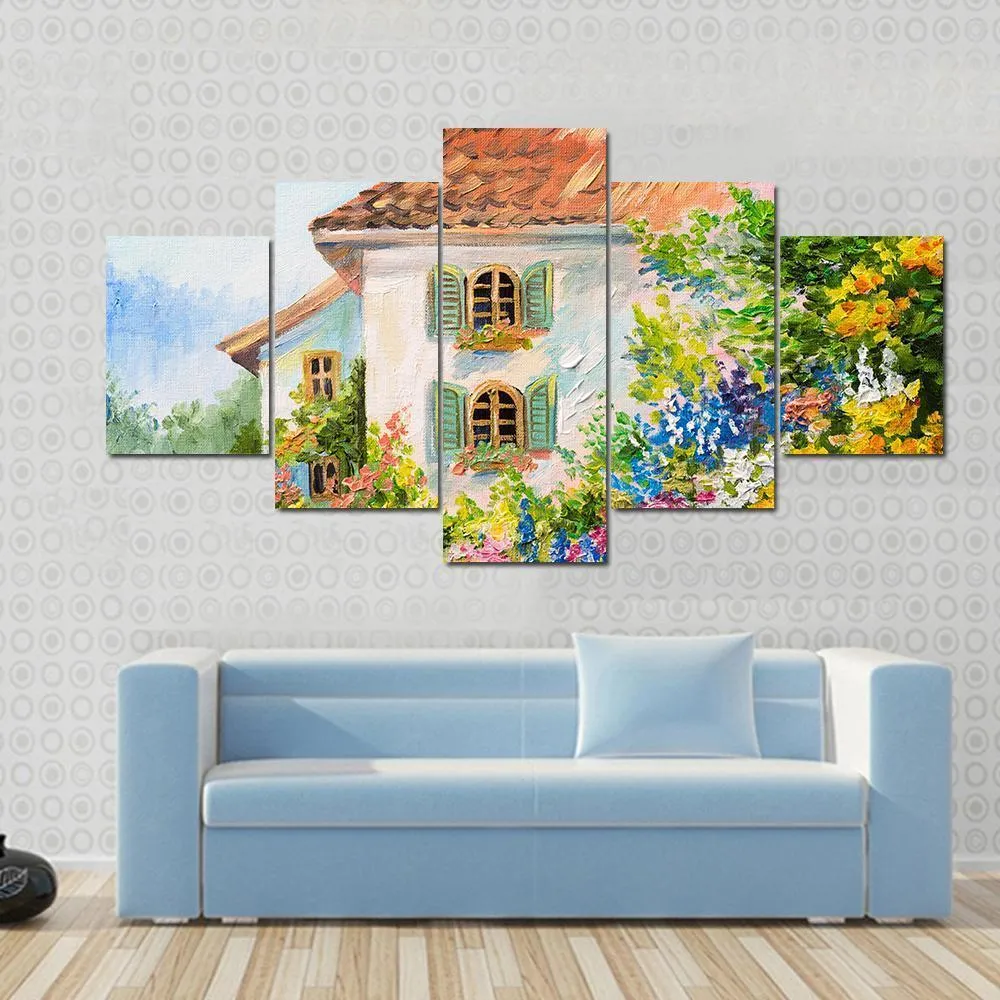 Abstract House In Flower Garden Canvas Wall Art