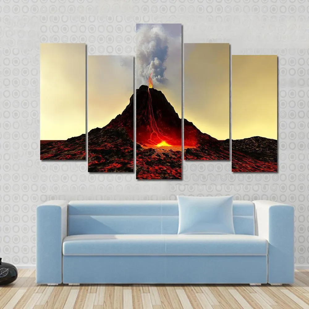 Active Volcano Spews Out Hot Red Lava Canvas Wall Art