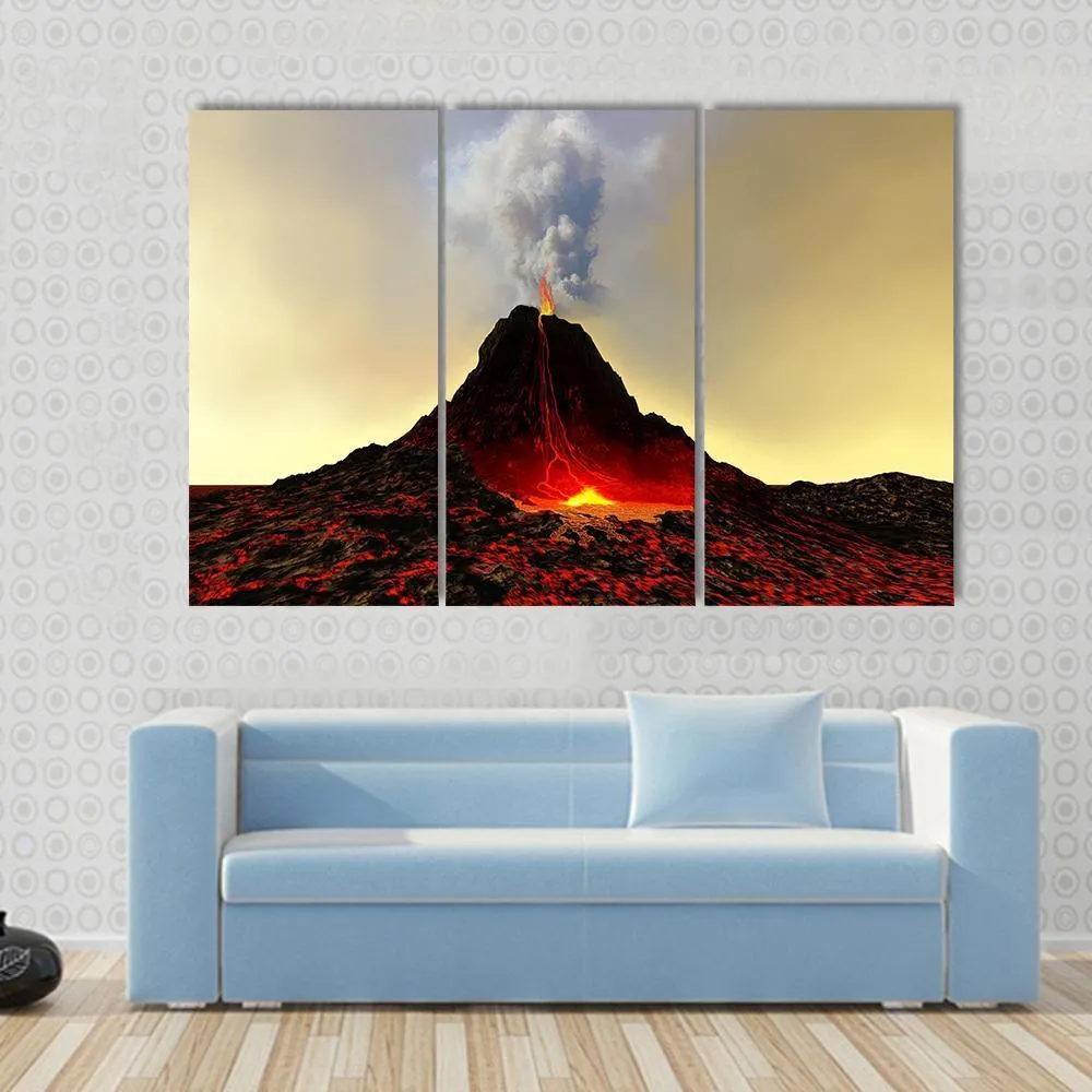 Active Volcano Spews Out Hot Red Lava Canvas Wall Art