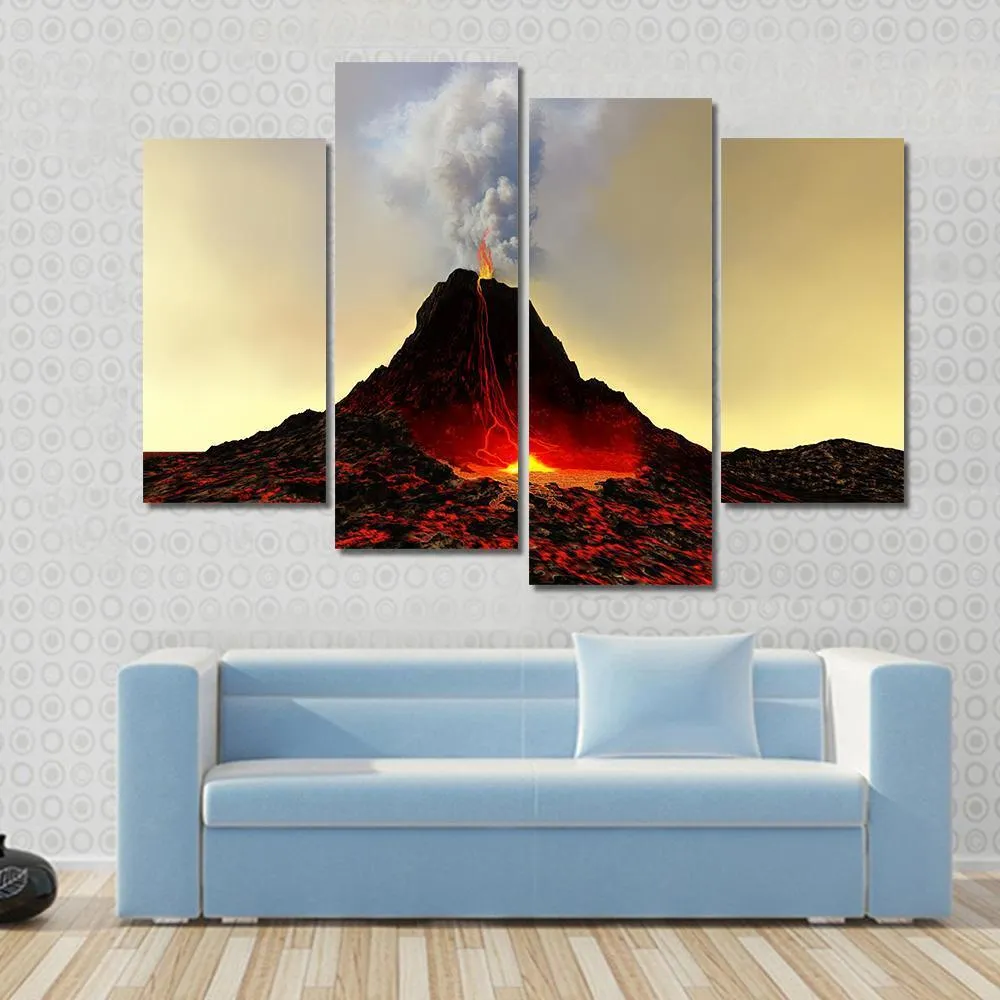 Active Volcano Spews Out Hot Red Lava Canvas Wall Art