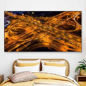 Aerial Night Traffic View Floating Frame Canvas Wall Painting | 24 x 12 inches , 36 x 18 inches & 48 x 24 inches