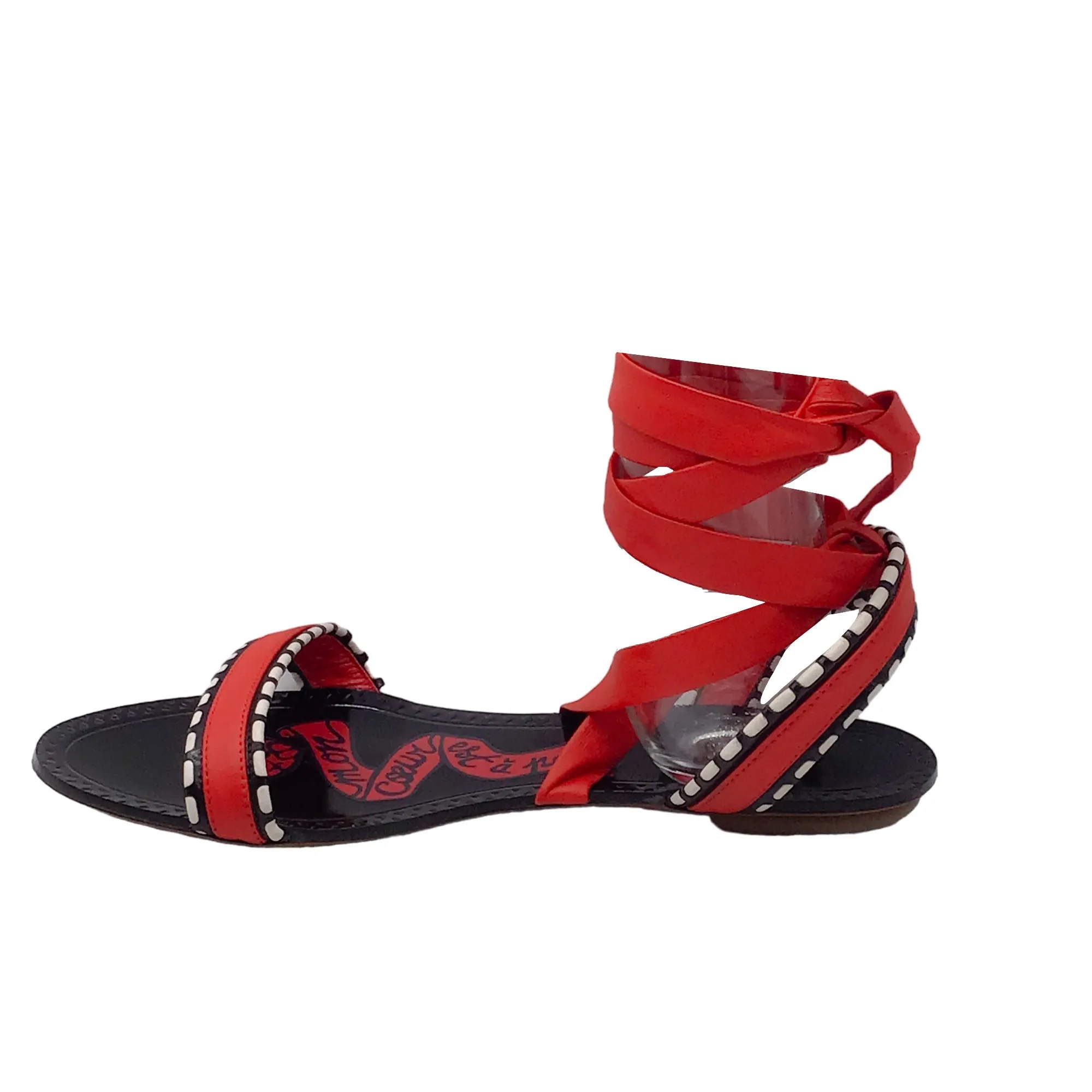 Alaia Red / Black Mon Coeur Leather Ankle Wrap Flat Sandals