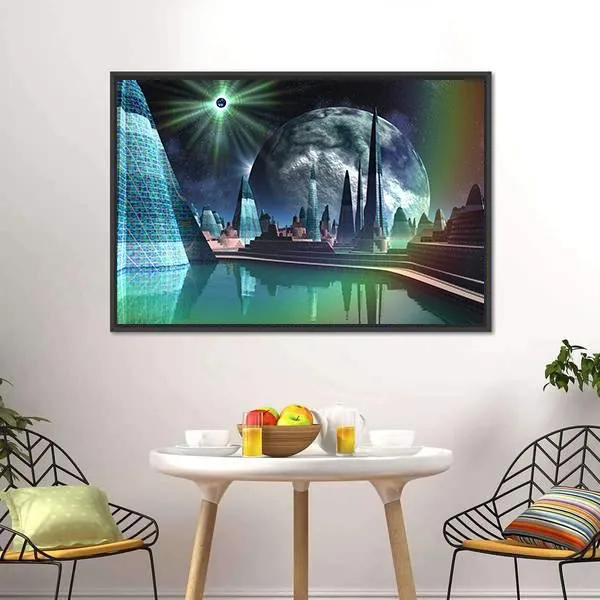 Alien City With Quasar Star Canvas Wall Art