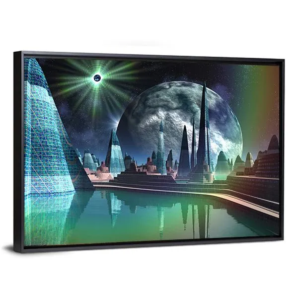 Alien City With Quasar Star Canvas Wall Art