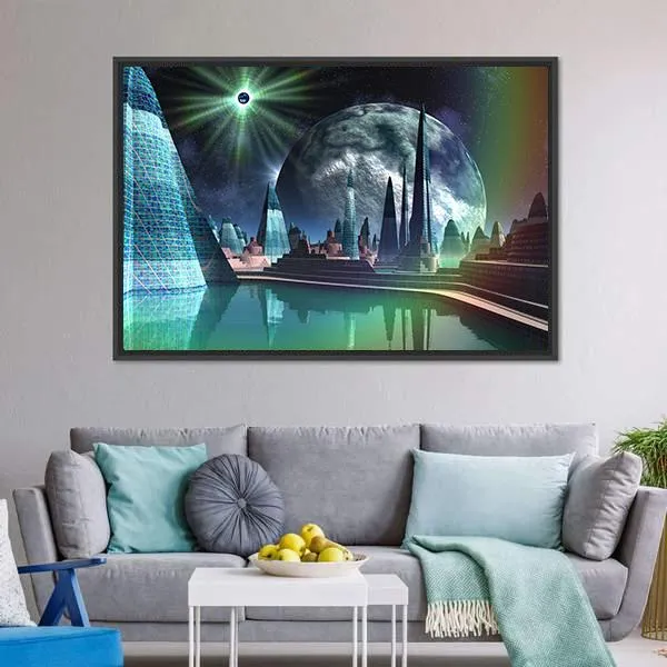 Alien City With Quasar Star Canvas Wall Art