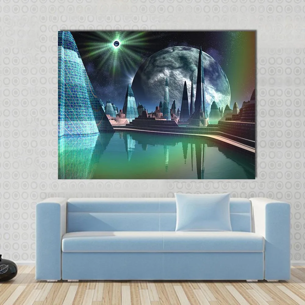 Alien City With Quasar Star Canvas Wall Art