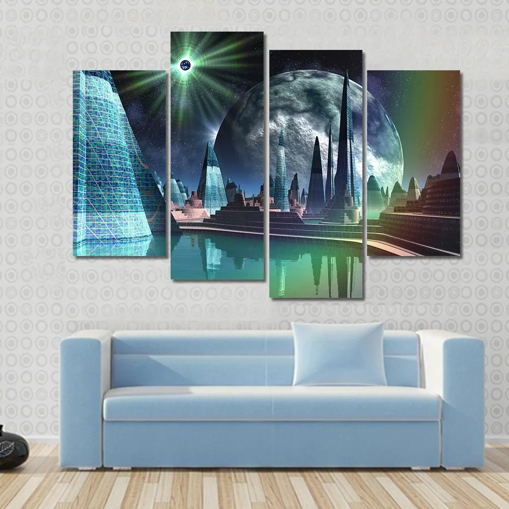 Alien City With Quasar Star Canvas Wall Art