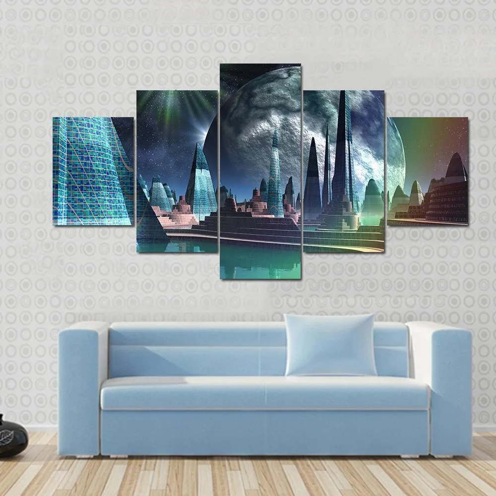 Alien City With Quasar Star Canvas Wall Art