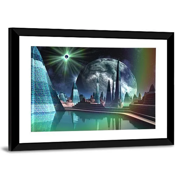 Alien City With Quasar Star Canvas Wall Art