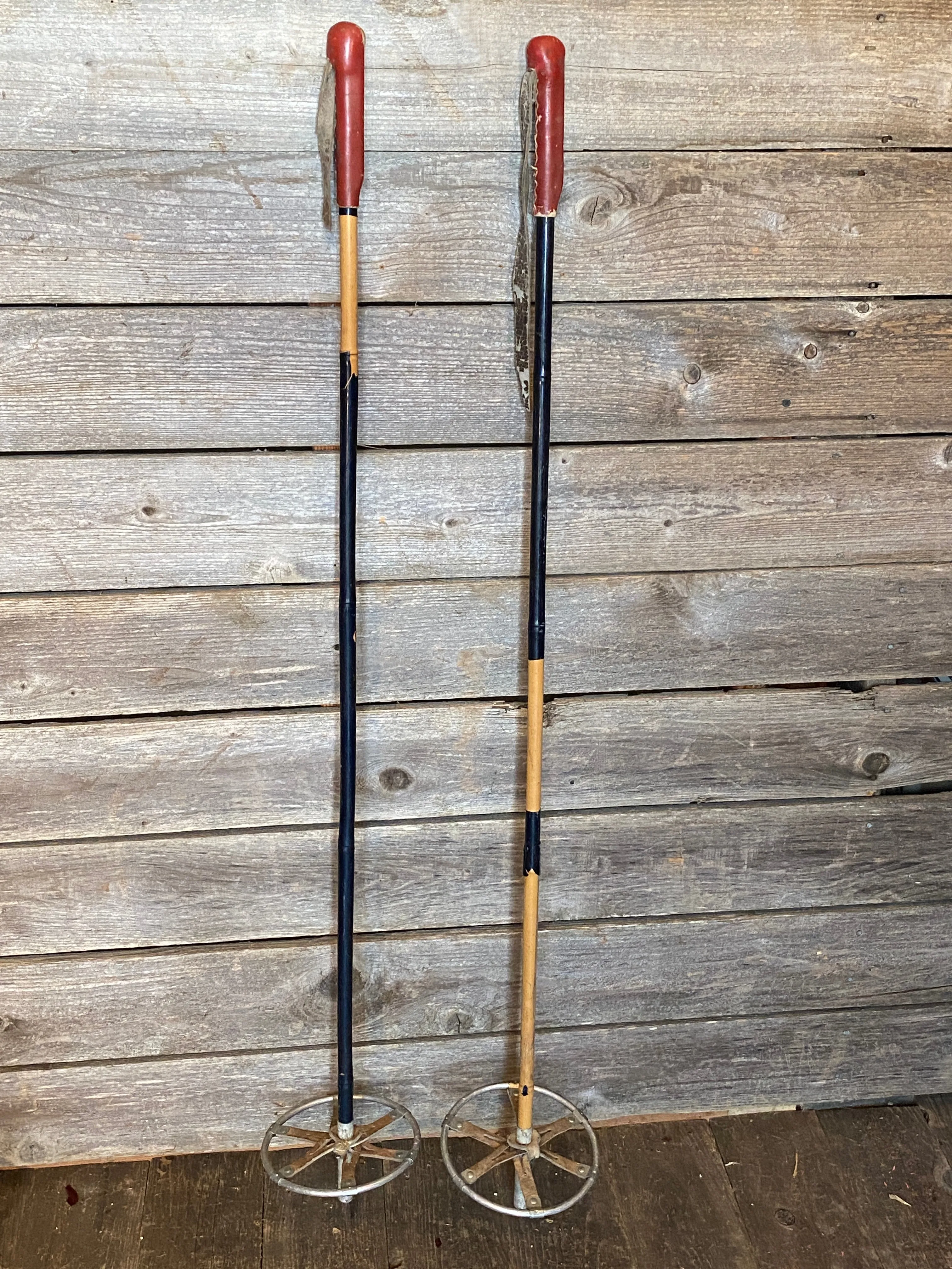 Antique Bamboo Ski Poles with full leather grip