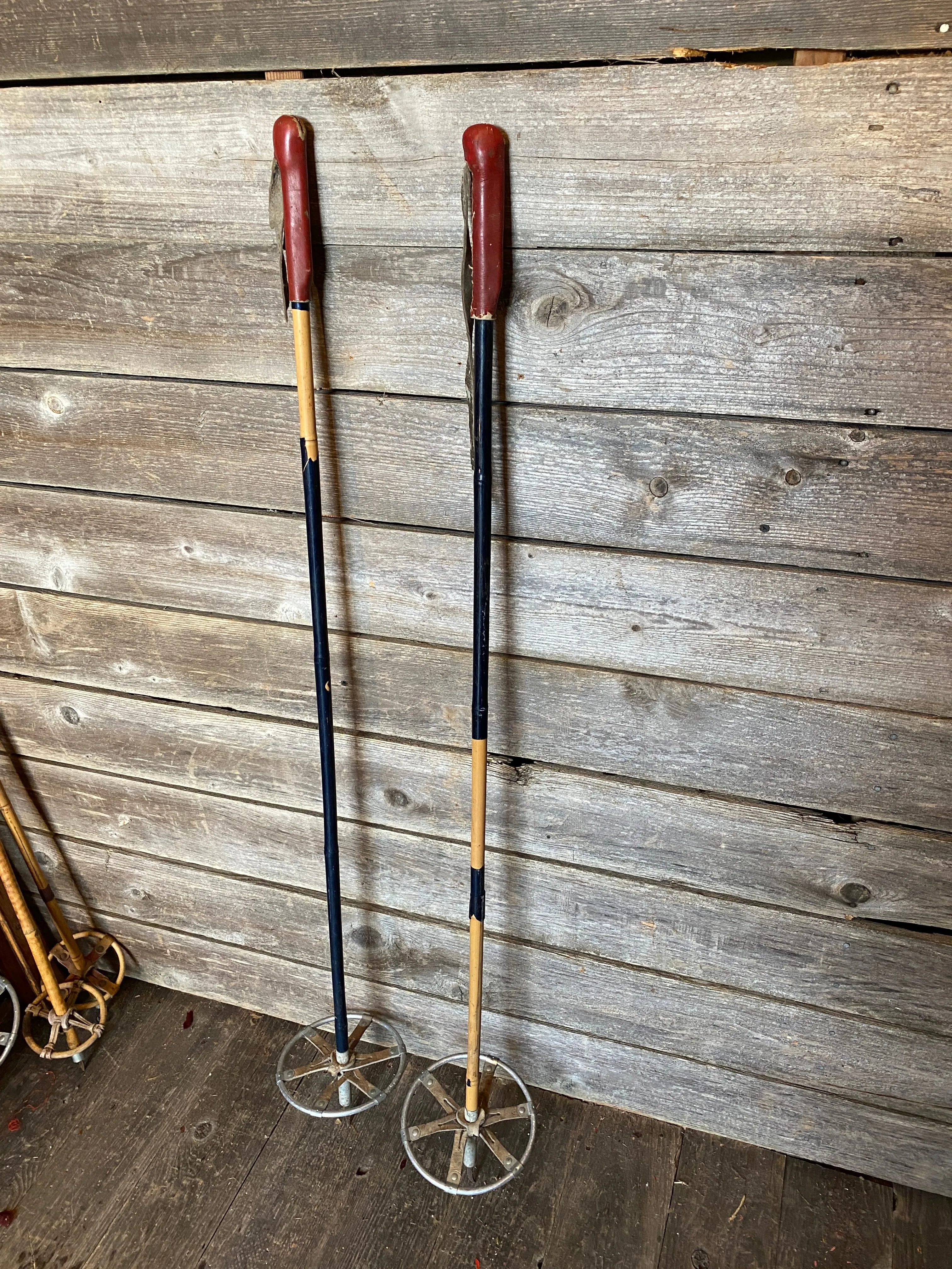 Antique Bamboo Ski Poles with full leather grip