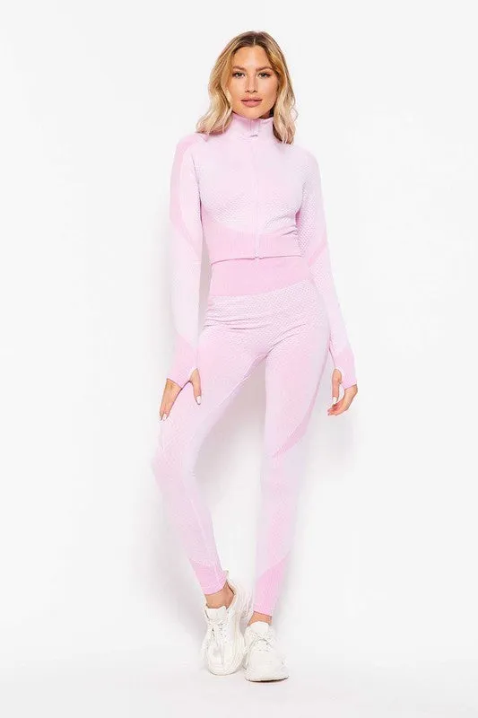 Baby Pink Honey Comb Active Cropped Jacket Leggings Set