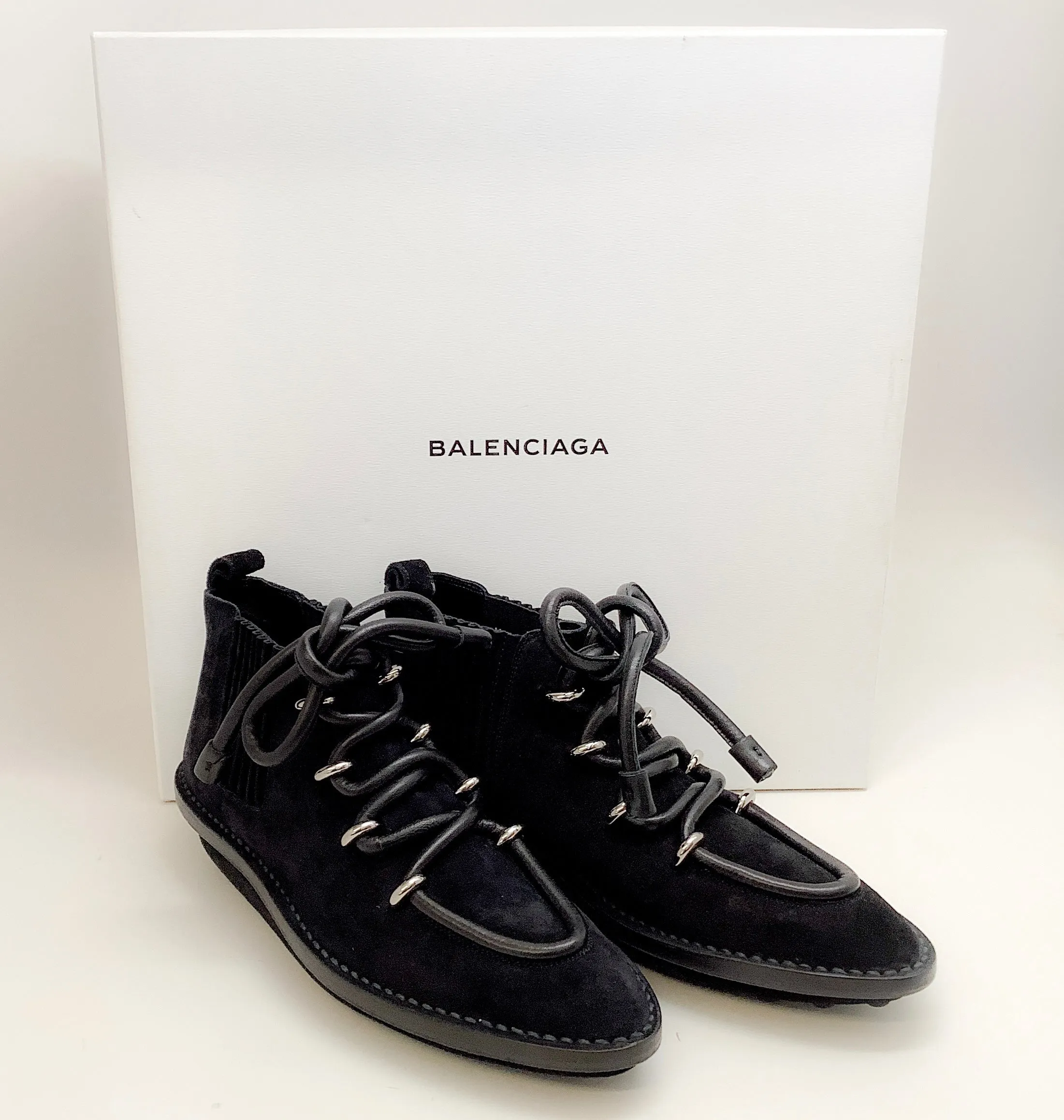 Balenciaga Black Suede Lace Up Moccasin Booties