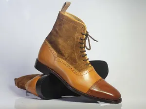 Bespoke Brown Tan Leather Suede Lace Up Ankle Boot