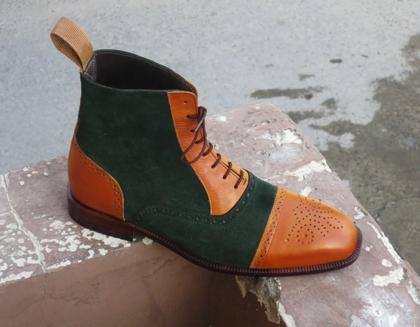 Bespoke Green & Tan Leather Suede Cap Toe Lace Up Boot