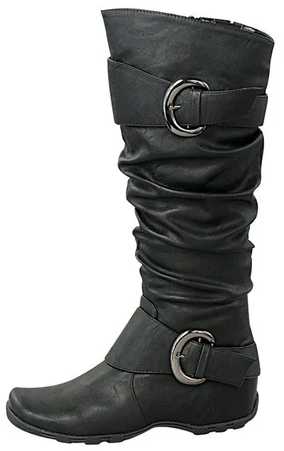 Black Knee-High Flat Boots With Buckles