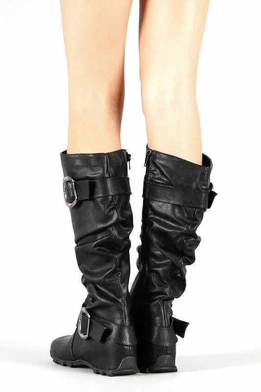 Black Knee-High Flat Boots With Buckles