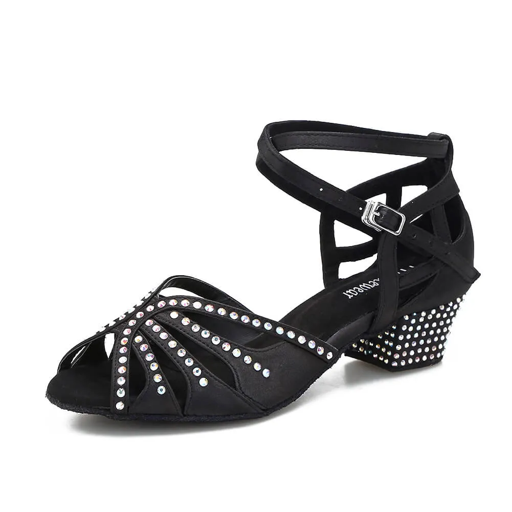 Black Rhinestone Ballroom Cuban Heel Dance Shoes Latin Salsa Dancing Shoes