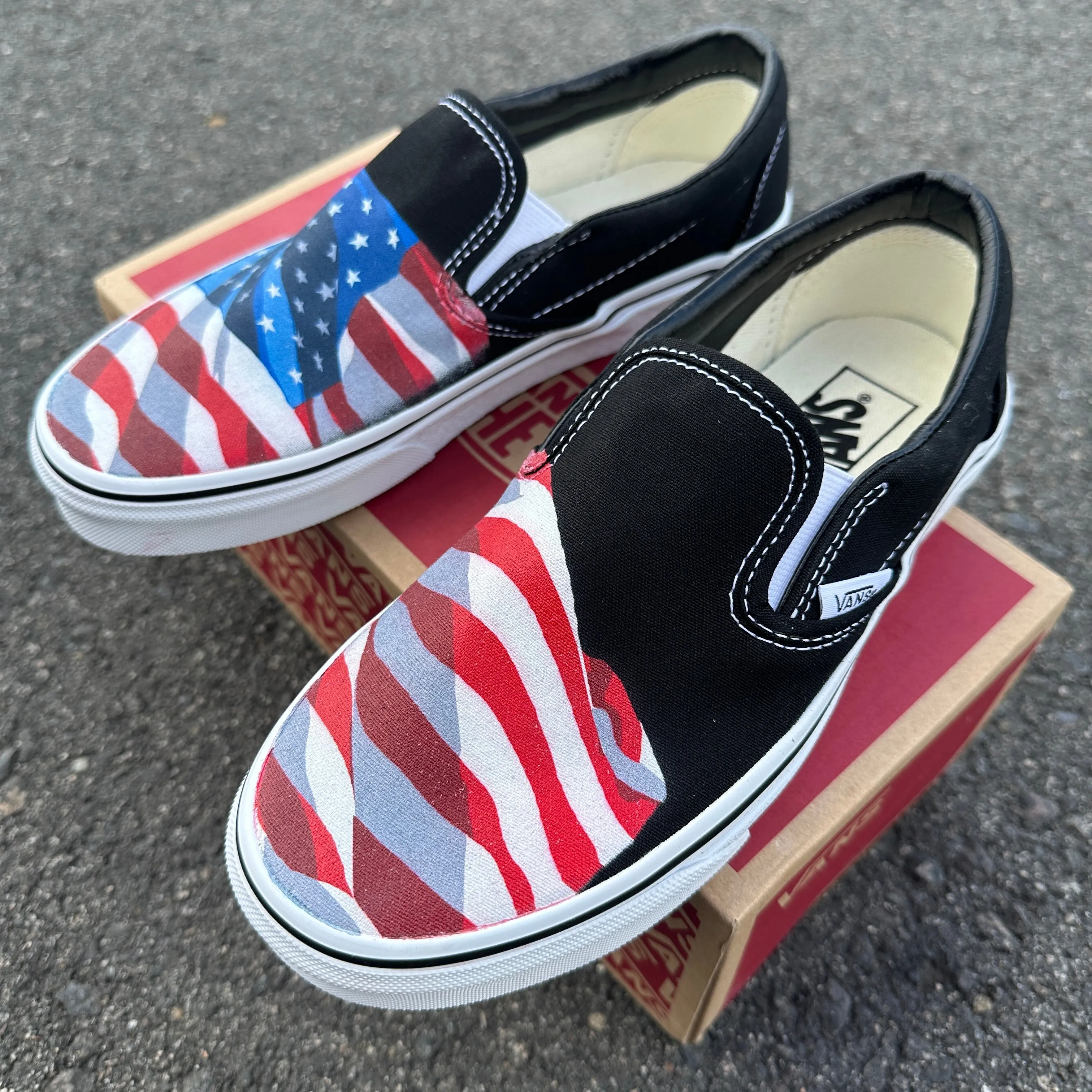 Black Slip On Vans Shoes for Men and Women Featuring American Flag Made in USA - Custom Vans Shoes