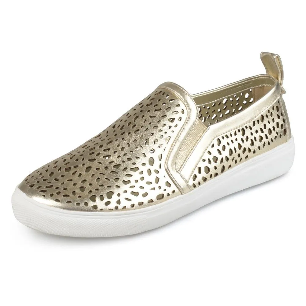 Brinley Co. Kenzo Gold Manmade Pull-on Fashion Round Toe Flat Laser-Cut Sneakers