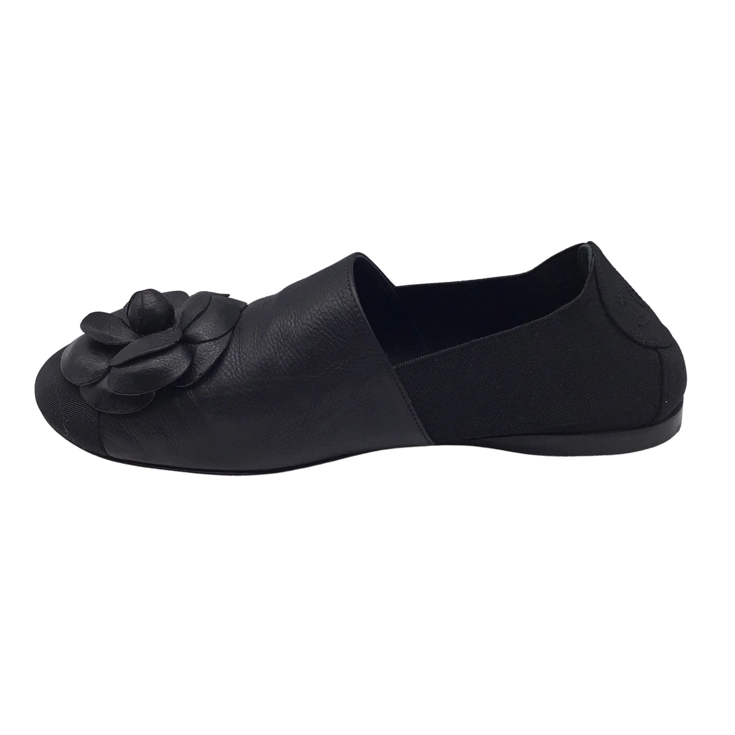 Chanel Black Camellia Leather and Grosgrain Loafers / Flats