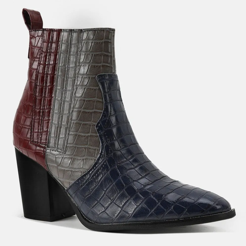 Chunky High Heel Color Blocking Snake Print Boots