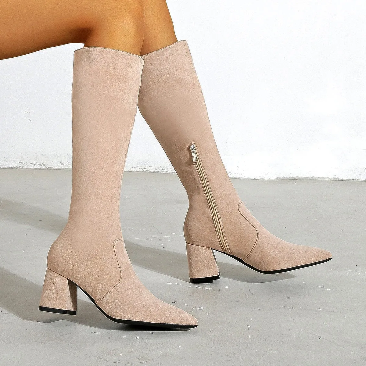 Chunky High Heeled Pointed Toe Short Boots