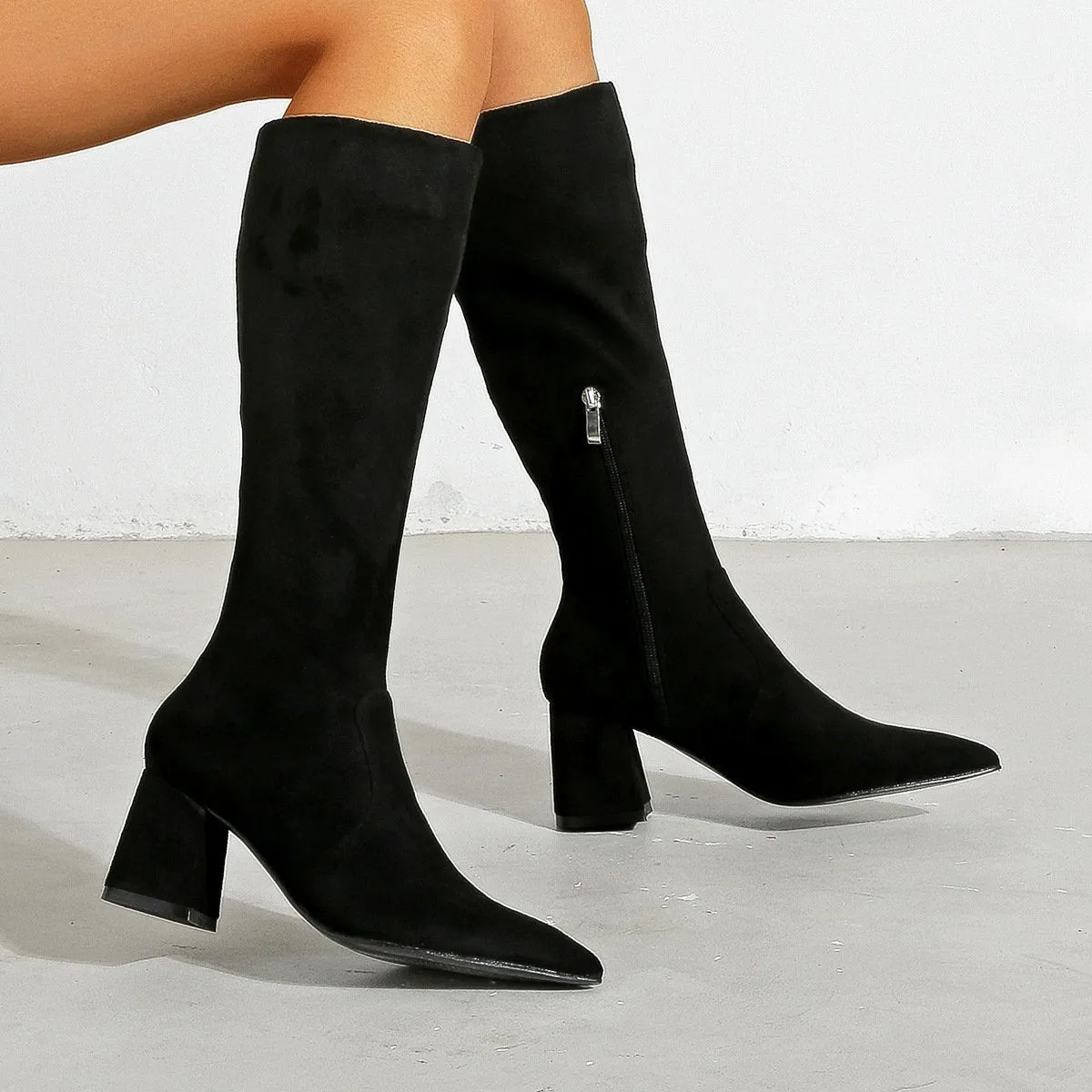 Chunky High Heeled Pointed Toe Short Boots