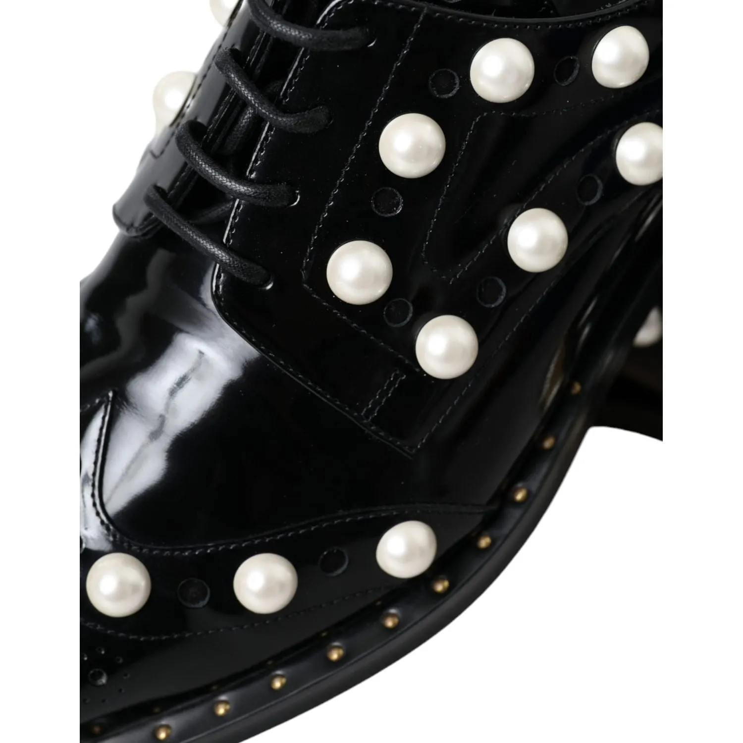 Dolce & Gabbana Black Leather Faux Pearl Dress Broque Shoes