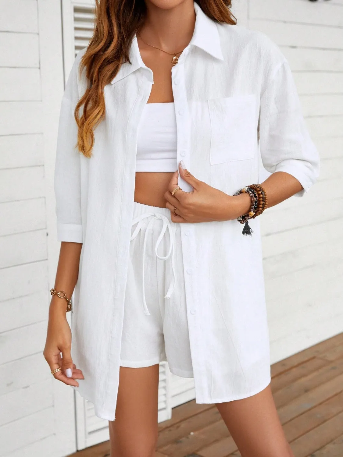 Fashion Outfit Two Piece Set Women'sButton Up Shirt and Shorts Set