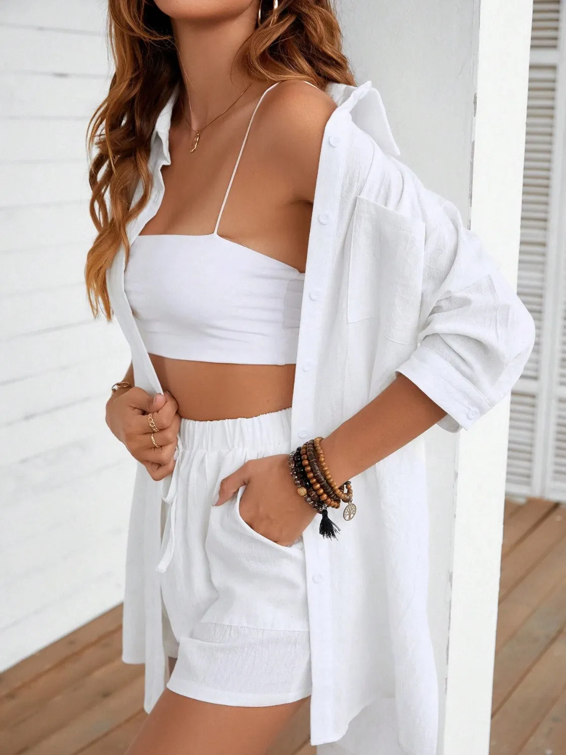 Fashion Outfit Two Piece Set Women'sButton Up Shirt and Shorts Set