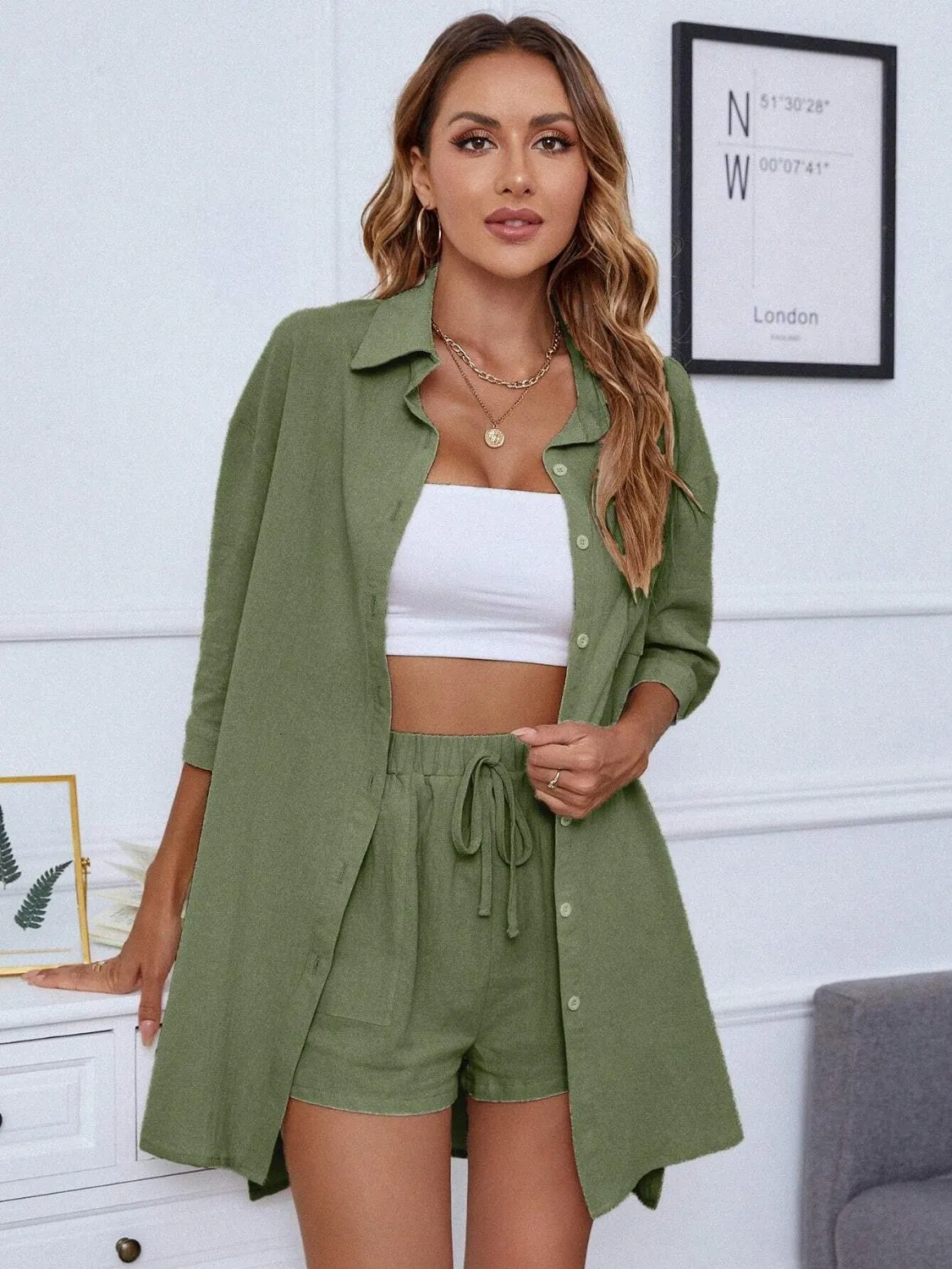 Fashion Outfit Two Piece Set Women'sButton Up Shirt and Shorts Set