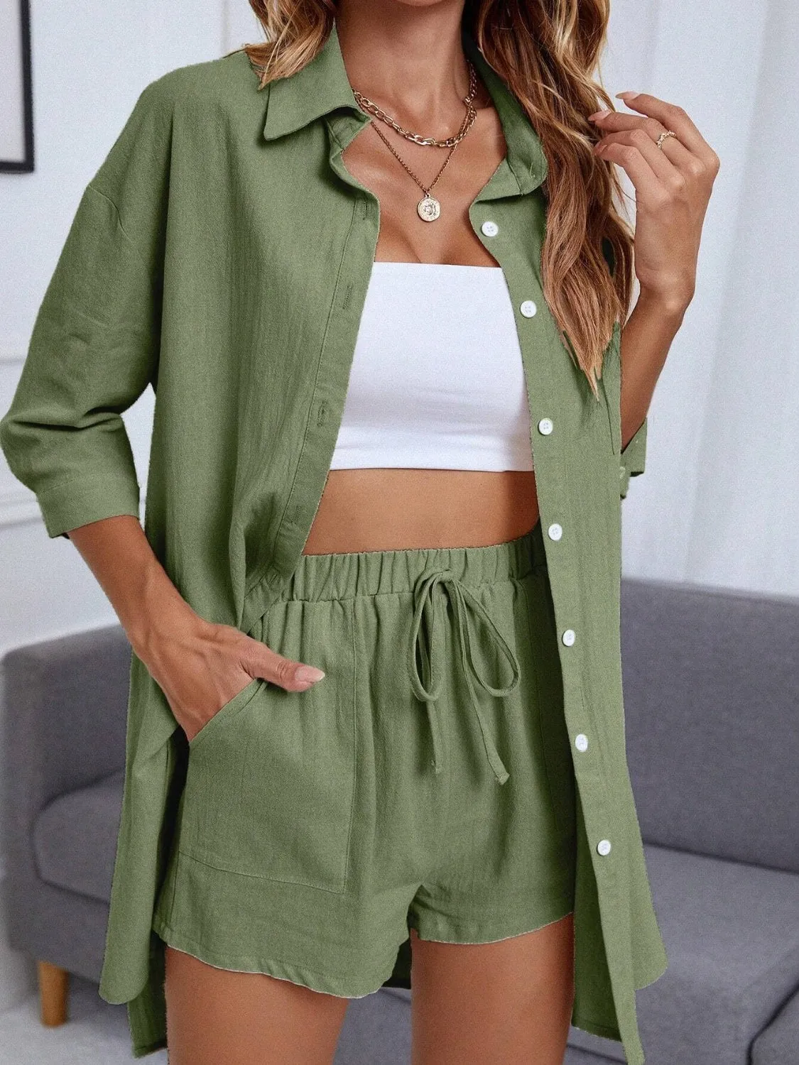 Fashion Outfit Two Piece Set Women'sButton Up Shirt and Shorts Set