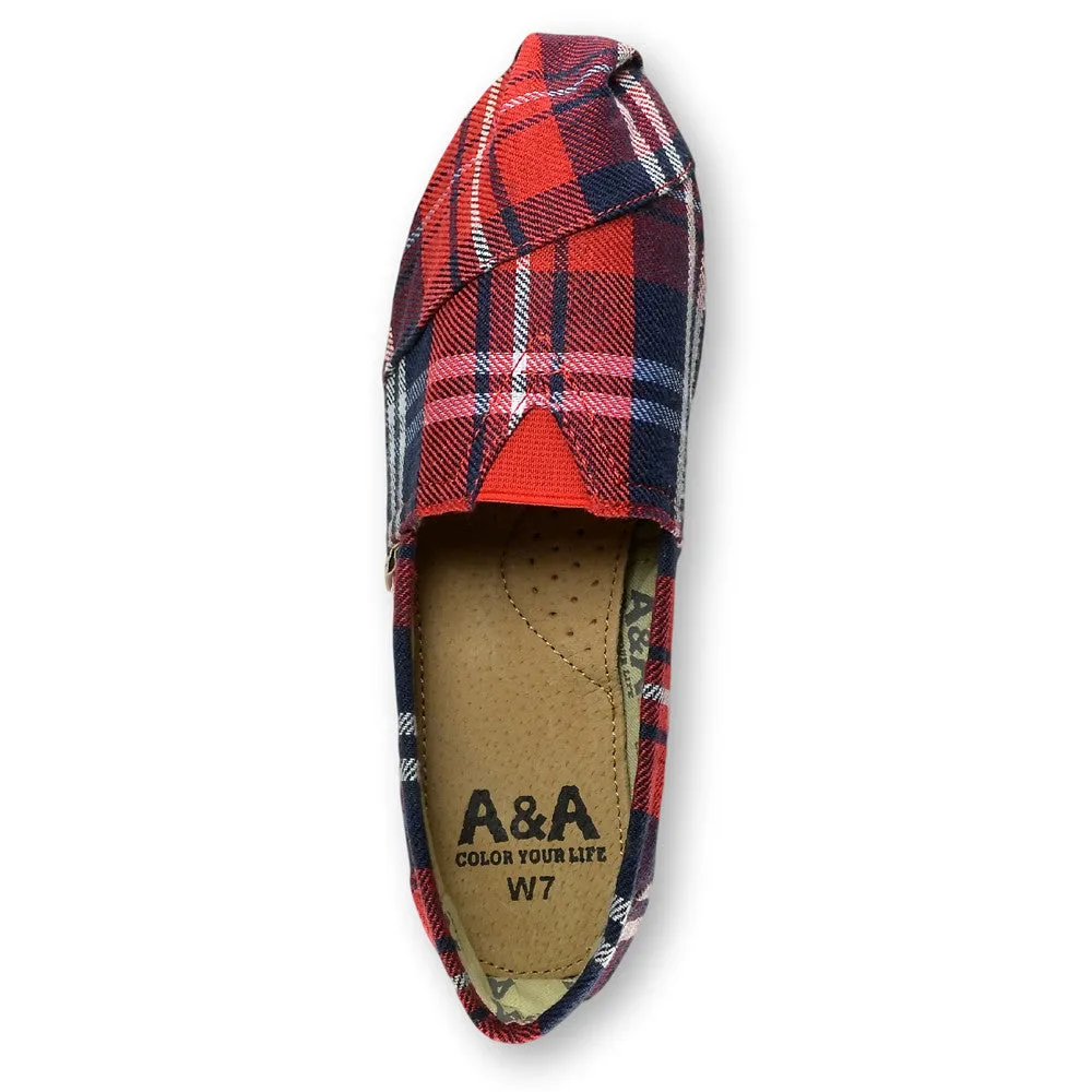 Flannel Red and Blue Canvas Slip On Shoes for Women